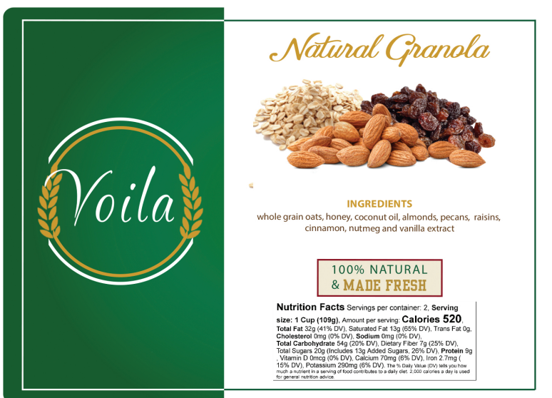 Voila Natural Granola - Organic Whole Grain Breakfast Cereal (Pecan Almond or Walnut Raisin)