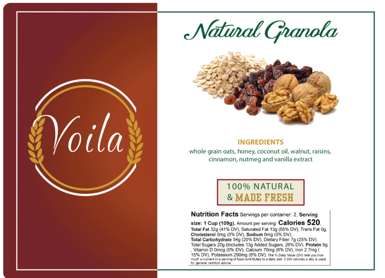 Voila Natural Granola - Organic Whole Grain Breakfast Cereal (Pecan Almond or Walnut Raisin)